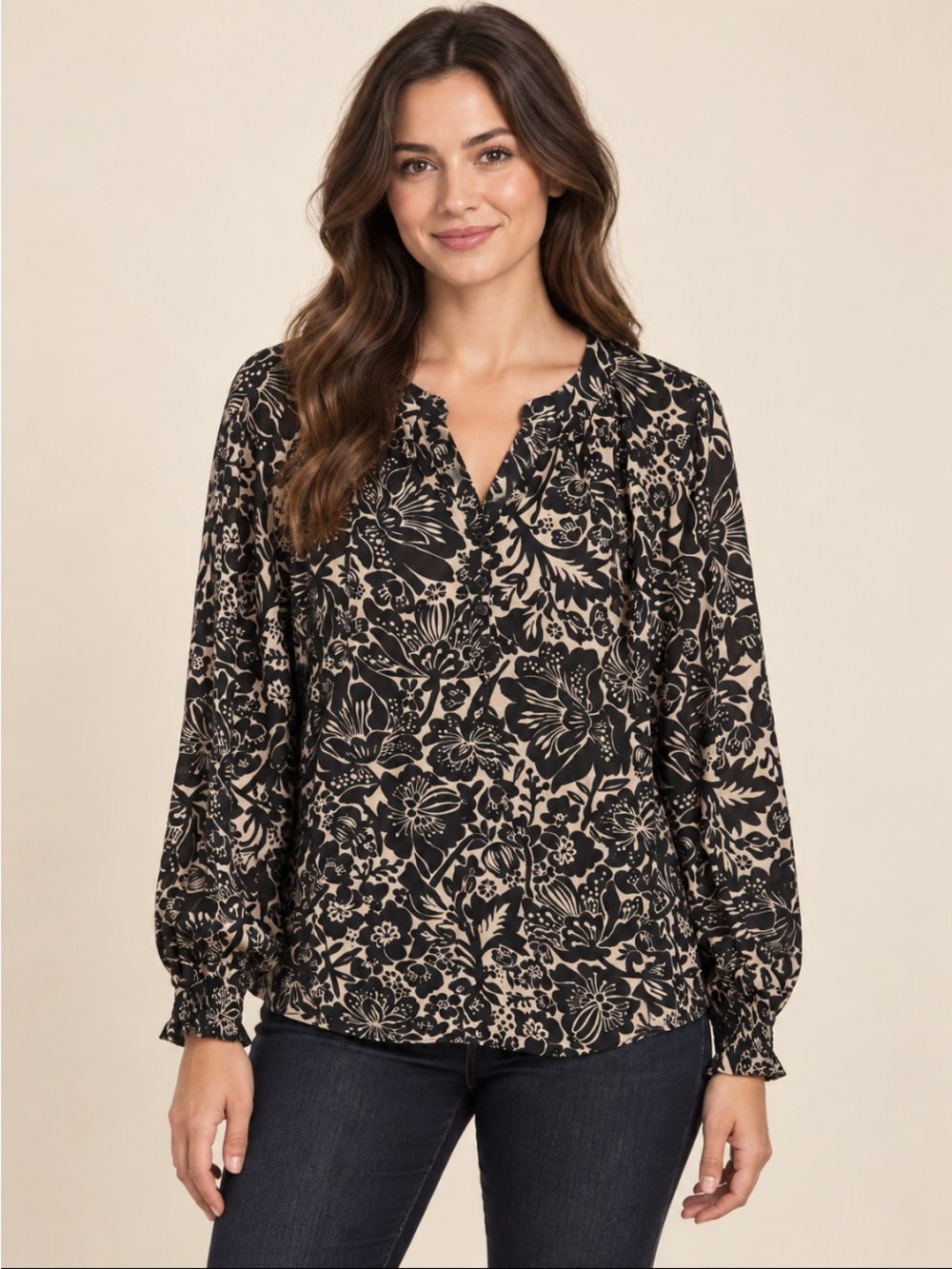 Sonoma Black Floral Split-Neck Blouse